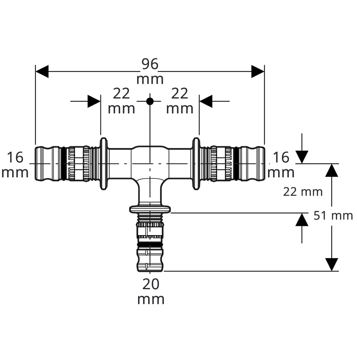 GEBERIT Mepla Press-T-Stück 16 x 2,25 mm - 20 x 2,5 mm - 16 x 2,25 mm