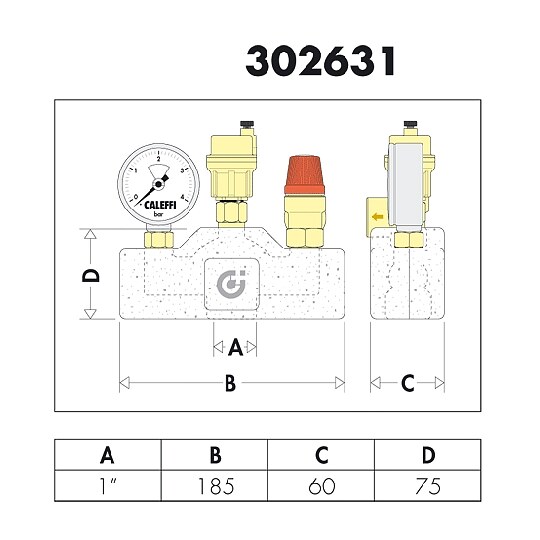 Bild 2 - Caleffi Kessel-Sicherheitsgruppe mit Schnellentlfter, Sicherheitsventil 3 bar und Manometer