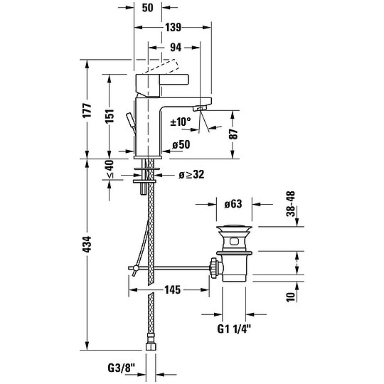 Bild 5 - Waschtischmischer Duravit D-Neo S mit Ablaufgarnitur, Mittelstellung kalt, Ausladung 94 mm, mit Zugstange, chrom - DE1011001010