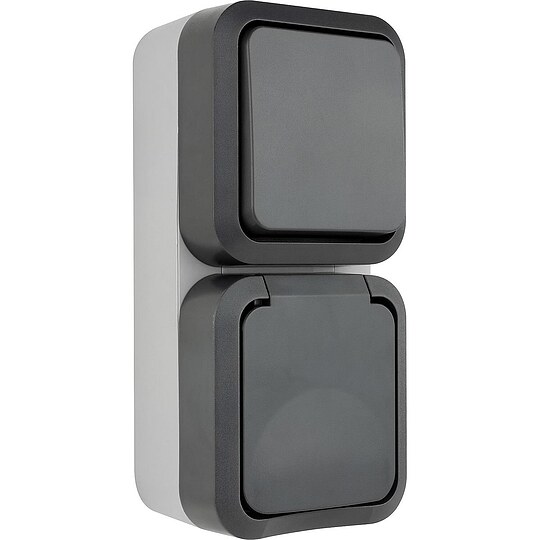 Bild 2 - AquaStorm Kombination Aus-/Wechselschalter mit Steckdose senkr. Aufputz grau - 162 x 75 x 60 mm