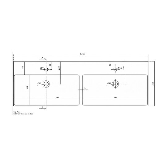 Bild 3 - Doppelwaschtisch Elayla 1410 x 130 x 460 mm, 2 Hahnlöcher und 2 Überläufe, Keramik, weiß - 93 054 51