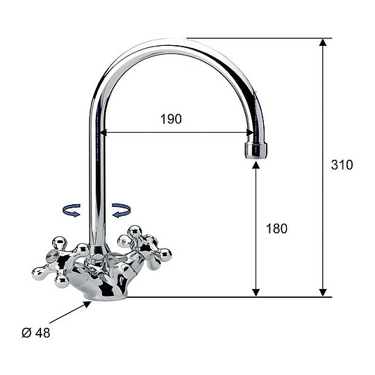 Bild 2 - Zweigriff-Waschtischmischer Retro, Ausladung 190 mm, mit Zugstange, chrom - 93 910 06