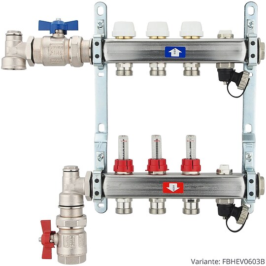 Bild 3 - Fu�bodenheizungsverteiler aus Edelstahl mit Topmeter f�r 3 Heizkreise - ohne Anschlussset