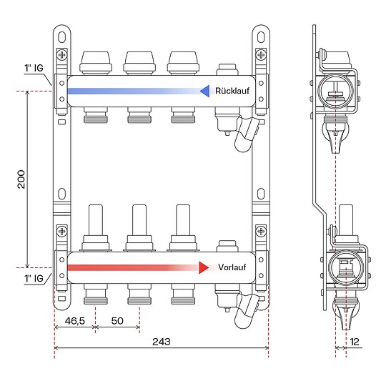 Bild 6 - Fu�bodenheizungsverteiler aus Edelstahl mit Topmeter f�r 3 Heizkreise - ohne Anschlussset