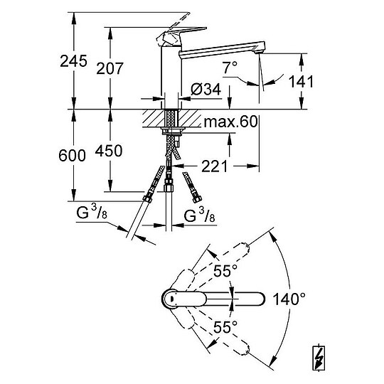Bild 2 - Spültischmischer Grohe Eurosmart Cosmopolitan, Niederdruck, Schwenkauslauf, Ausladung 221 mm, chrom - 30194000