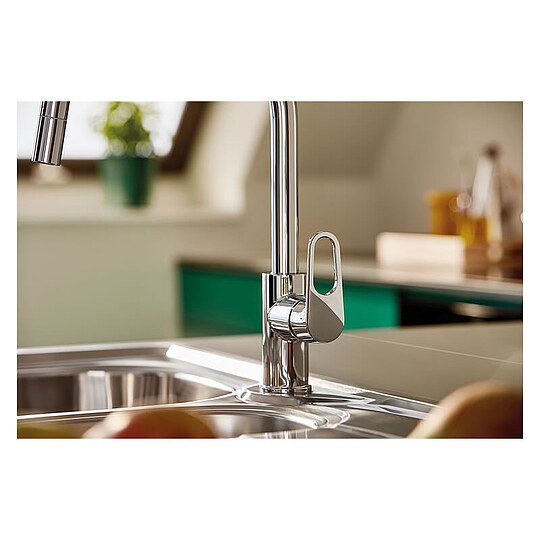 Bild 3 - Spültischmischer Grohe BauFlow mit herausziehbarem Auslauf Schwenkauslauf, Ausladung 215 mm, chrom - 30549000