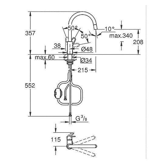 Bild 5 - Spültischmischer Grohe BauFlow mit herausziehbarem Auslauf Schwenkauslauf, Ausladung 215 mm, chrom - 30549000