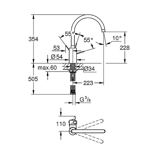 Bild 3 - Sp�ltischmischer Grohe Eurosmart Cosmopolitan Schwenkauslauf, Ausladung 224 mm, chrom - 32843002