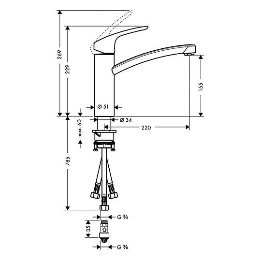 Bild 3 - Spültischmischer Hansgrohe Focus, Niederdruck, Schwenkauslauf, Ausladung 220 mm, verchromt - 31804000