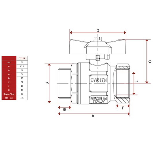 Bild 2 - Kugelhahn 1 1/4'' IG x 1 1/4'' AG - DN 32 - Messing vernickelt - mit Fl�gelgriff rot - voller Durchgang