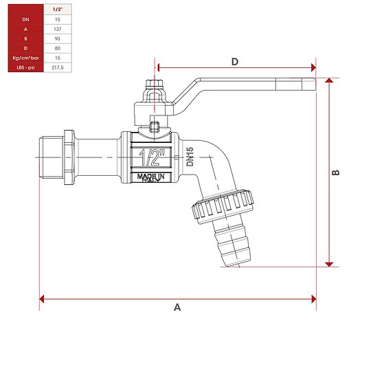 Bild 2 - Kugelhahn Auslaufventil 1/2'' - DN 15 - mit Hebelgriff und Schlauchtlle 3/4''