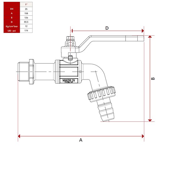 Bild 2 - Kugelhahn Auslaufventil 1'' - DN 25 - mit Hebelgriff und Schlauchtülle 1 1/4''
