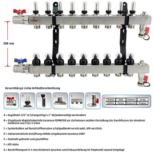 Bild 2 - Verteiler fr Fubodenheizung aus Edelstahl fr 9 Kreise mit Topmeter und Zubehr
