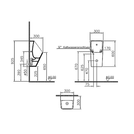 Bild 3 - Absaug-Urinal VitrA S20 Comfort 300 x 600 x 300 mm, Zulauf von hinten, Abgang waagrecht, weiß - 5461B003D0199