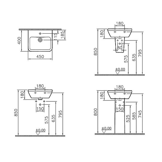 Bild 3 - Handwaschbecken VitrA Integra 450 x 400 mm, mit �berlauf, 1 Hahnloch mittig, eckige Form, wei� - 7047L003-0001