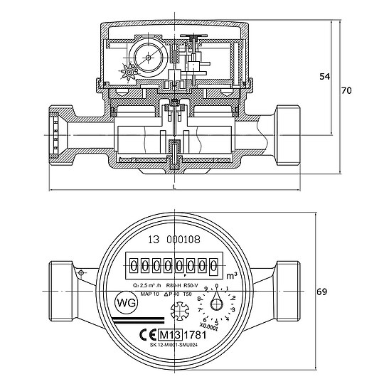 Bild 5 - Wasserzähler kalt / warm 2,5 m³ mit Anschlussgewinde 3/4'' - 110 mm - geeicht und beglaubigt 2026