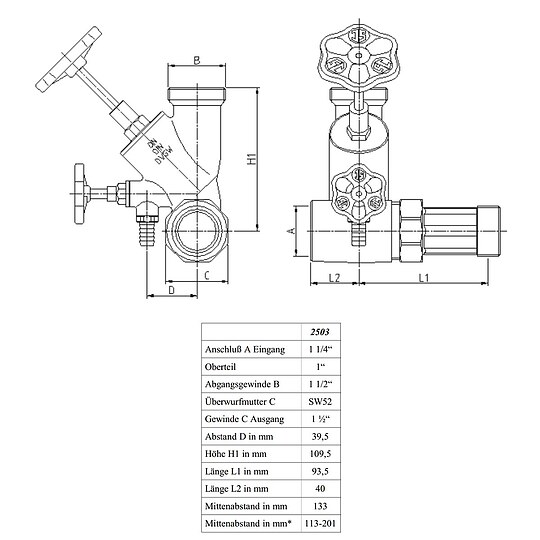 Bild 3 - Abzweig-T-Ventil 1 1/4'' mit Abgangsverschraubung 1'' IG - DVGW-geprüft
