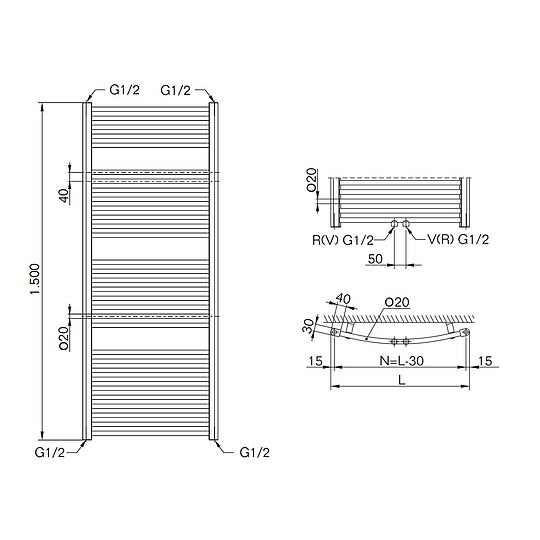 Bild 2 - Badheizkörper Buderus Therm Curve mit Mittenanschluss (gebogen) - Höhe 1.500 mm x Breite 545 mm