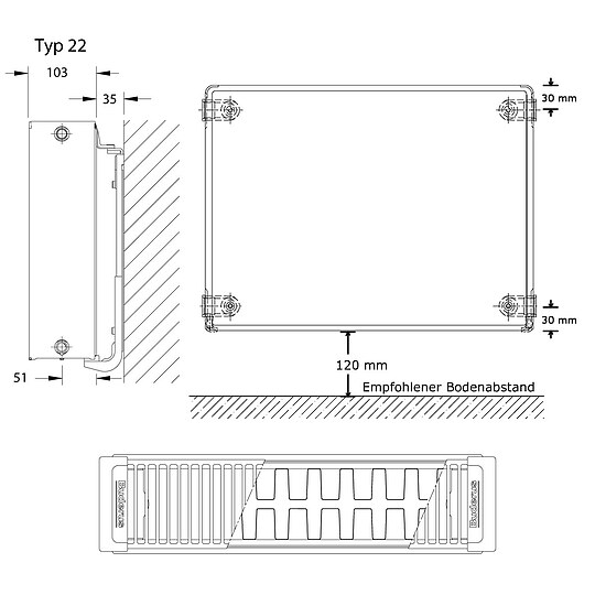 Bild 5 - Kompakt-Heizkörper Buderus Logatrend C-Plan H 600 mm L 800 mm Typ 22 - 1065/678 Watt