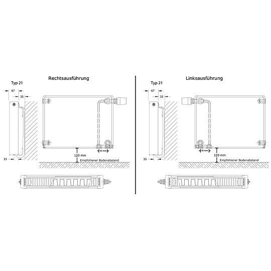 Bild 7 - Ventil-Heizkrper Buderus Logatrend VC-Plan H 500 mm L 1200 mm Typ 21 - 1056/680 Watt - Set mit Thermostatkopf rechts