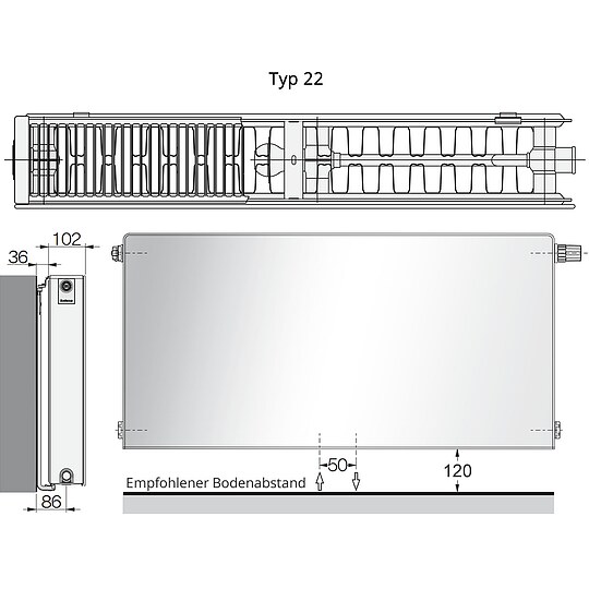 Bild 5 - Buderus Ventil-Heizk�rper Logatrend VCM-Plan.2 H 300 L 1000 Typ 22 - 742/474 Watt - Set mit Thermostatkopf
