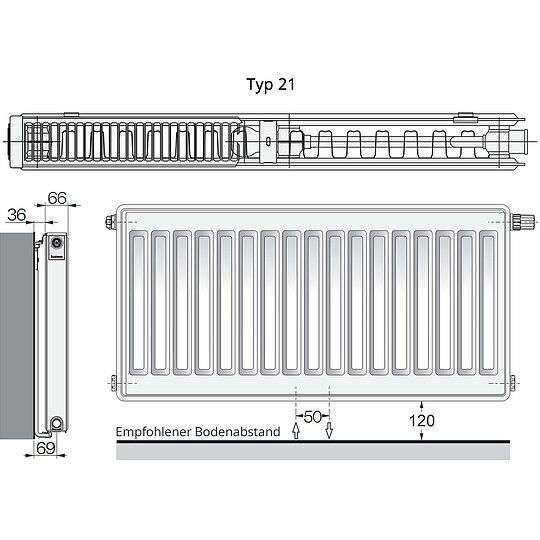 Bild 9 - Buderus Ventil-Heizk�rper Logatrend VCM-Profil.2 H 600 L 2000 Typ 21 - 2078/1298 Watt - Set mit Thermostatkopf