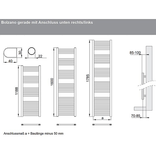 Bild 2 - Viessmann Badheizkrper gerade mit Auenanschluss, Hhe 1.785 x Breite 600 mm, 730/474 Watt - 7532377