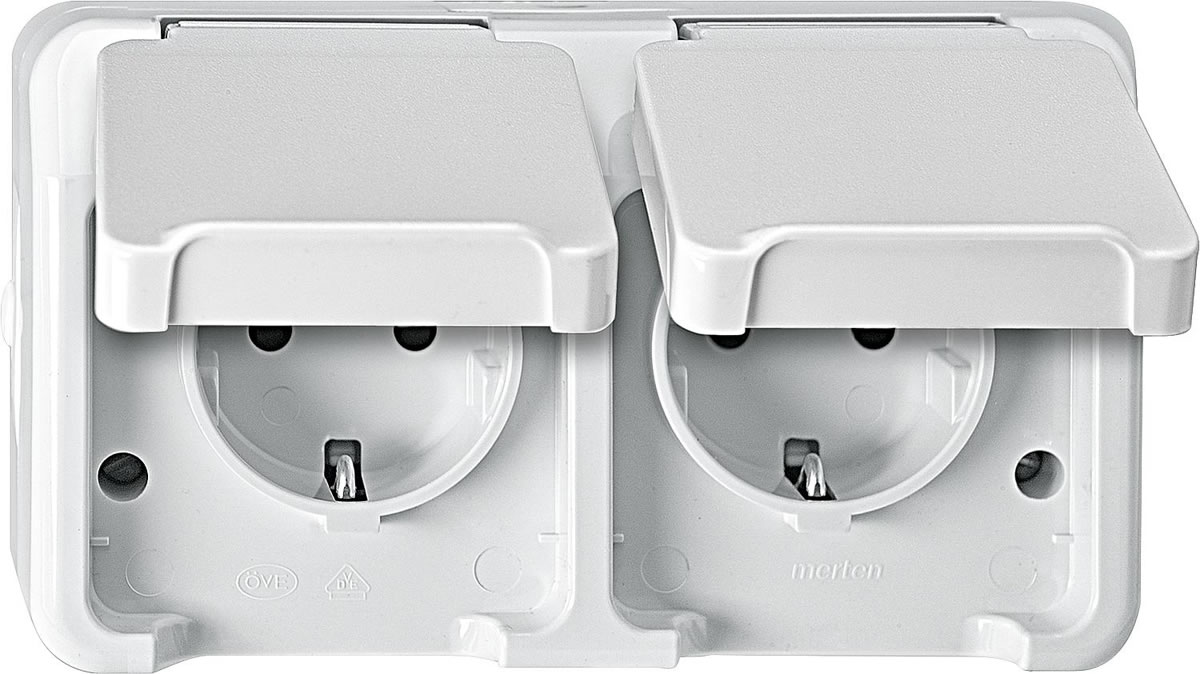 Schuko-Doppelsteckdose Aquastar Merten, IP44, polarweiß, Berührungsschutz - 2-fach