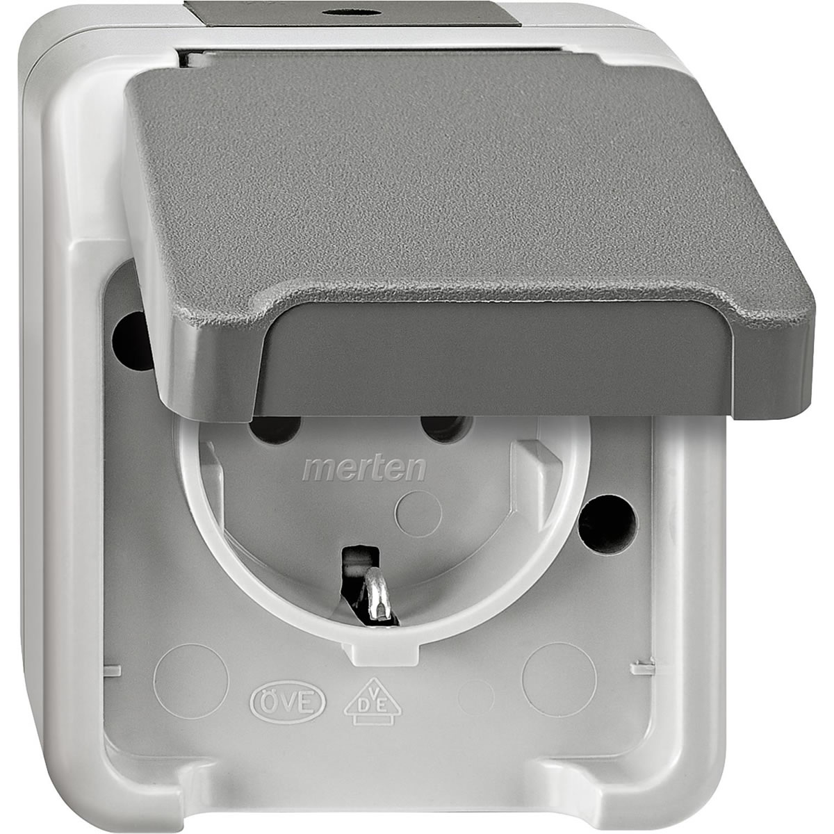 Schuko-Steckdose Aquastar Merten, IP44, lichtgrau, Berührungsschutz - 1-fach