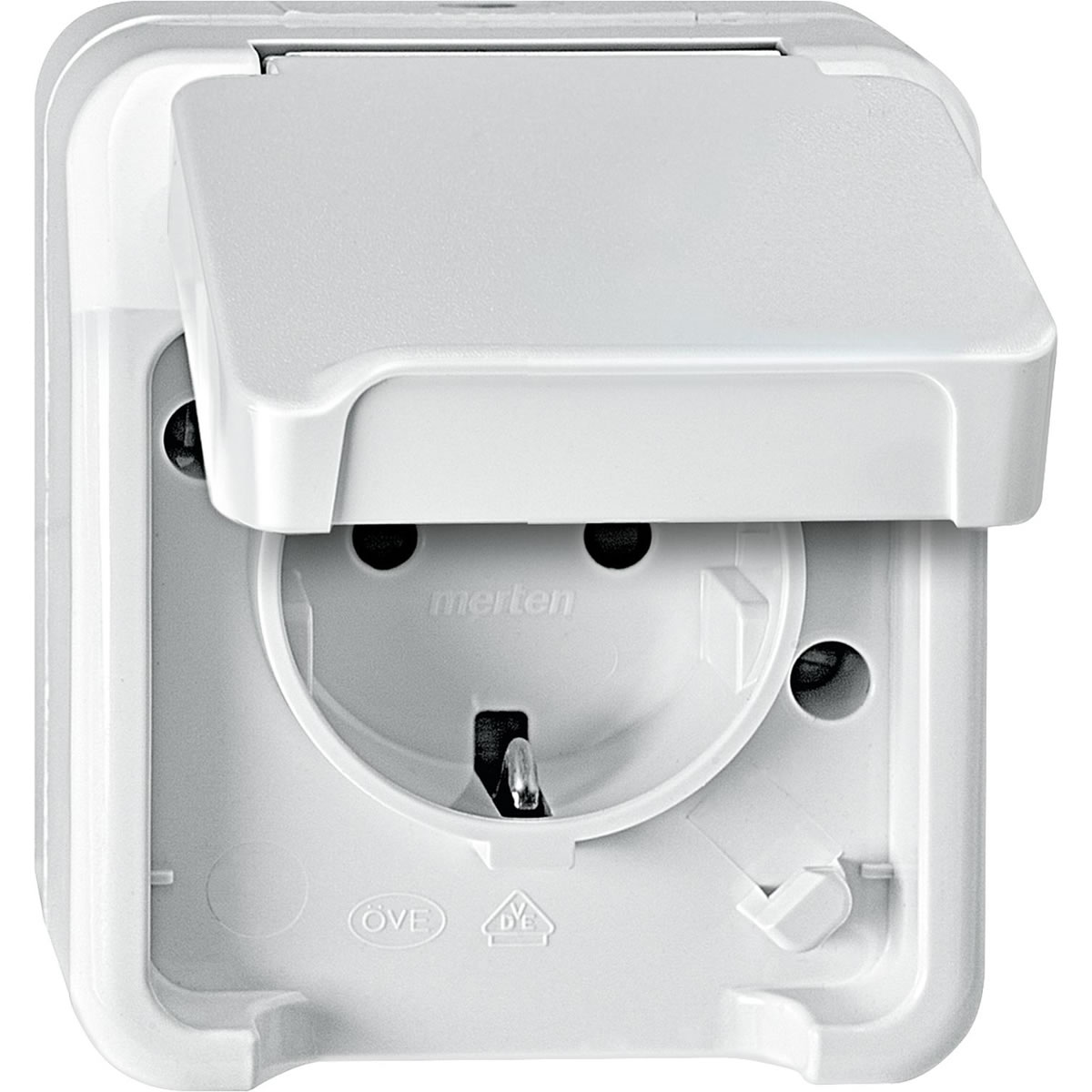 Schuko-Steckdose Aquastar Merten, IP44, polarweiß, Berührungsschutz - 1-fach