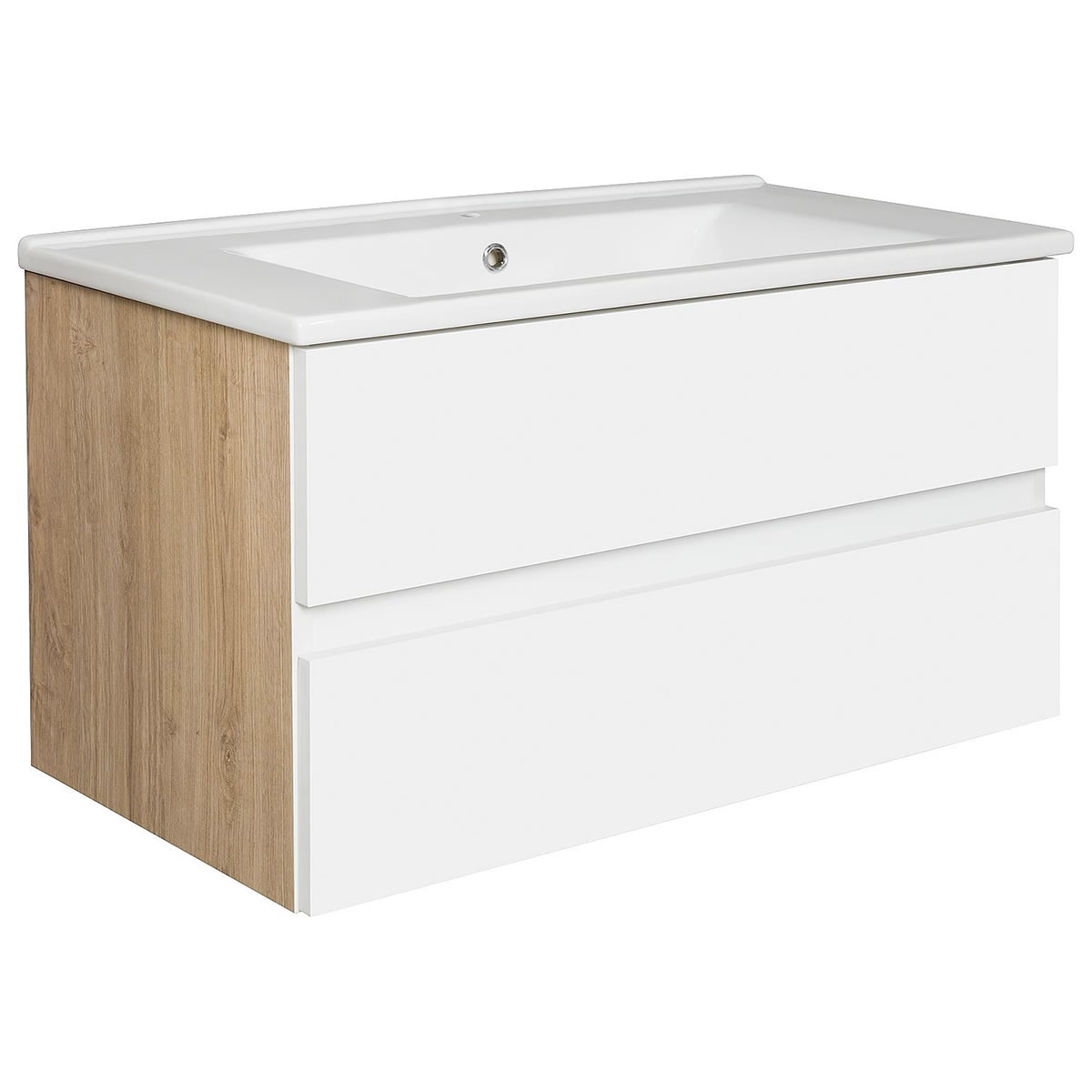 Waschtischunterschrank + Keramik-Waschtisch EGAN, weiß matt/Asteiche, 2 Auszüge, 853 x 466 x 455 mm