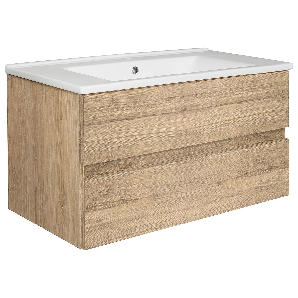 Waschtischunterschrank + Keramik-Waschtisch EGAN, Asteiche, 2 Auszüge, 853 x 466 x 455 mm
