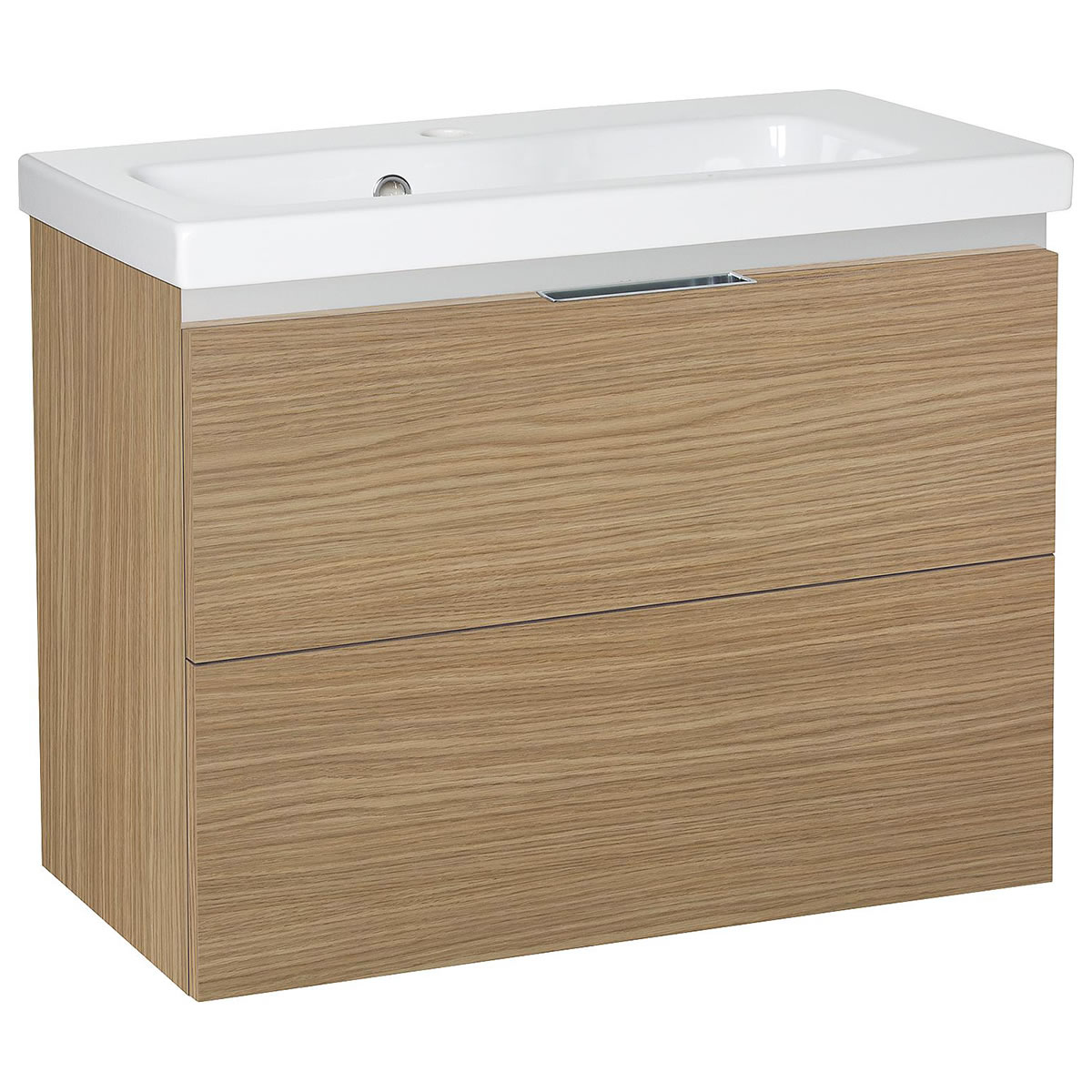 Waschtischunterschrank + Keramik-Waschtisch EOLA, Eiche natur, 2 Auszüge, 710 x 580 x 380