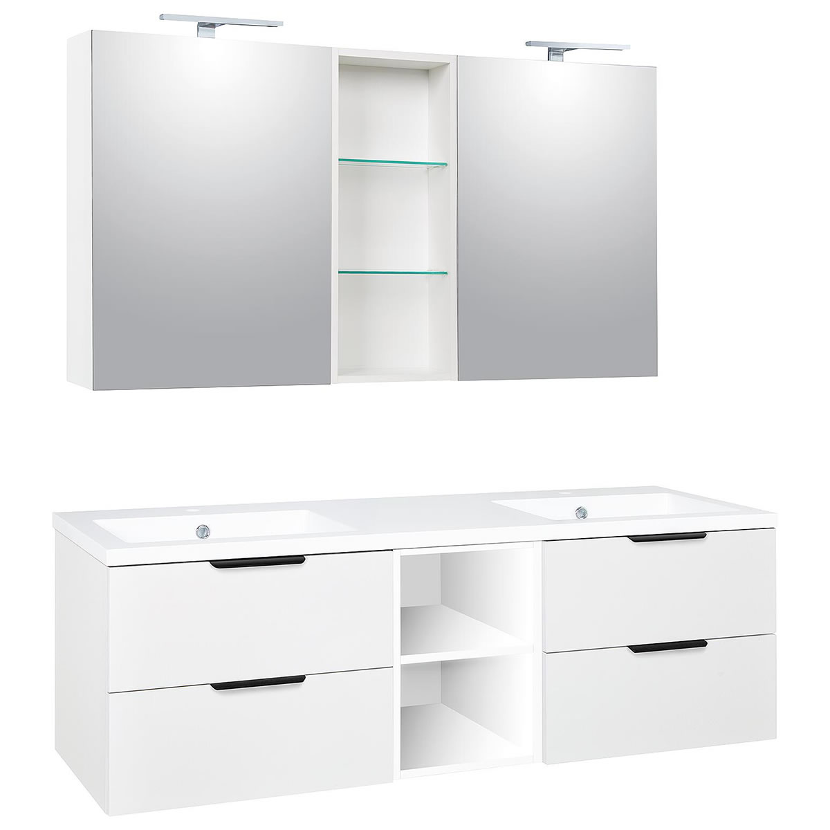Badmöbel-Set LOSSA mit LED-Spiegelschrank, weiß matt, 4 Auszüge + 2 offene Regale, Breite 1550 mm