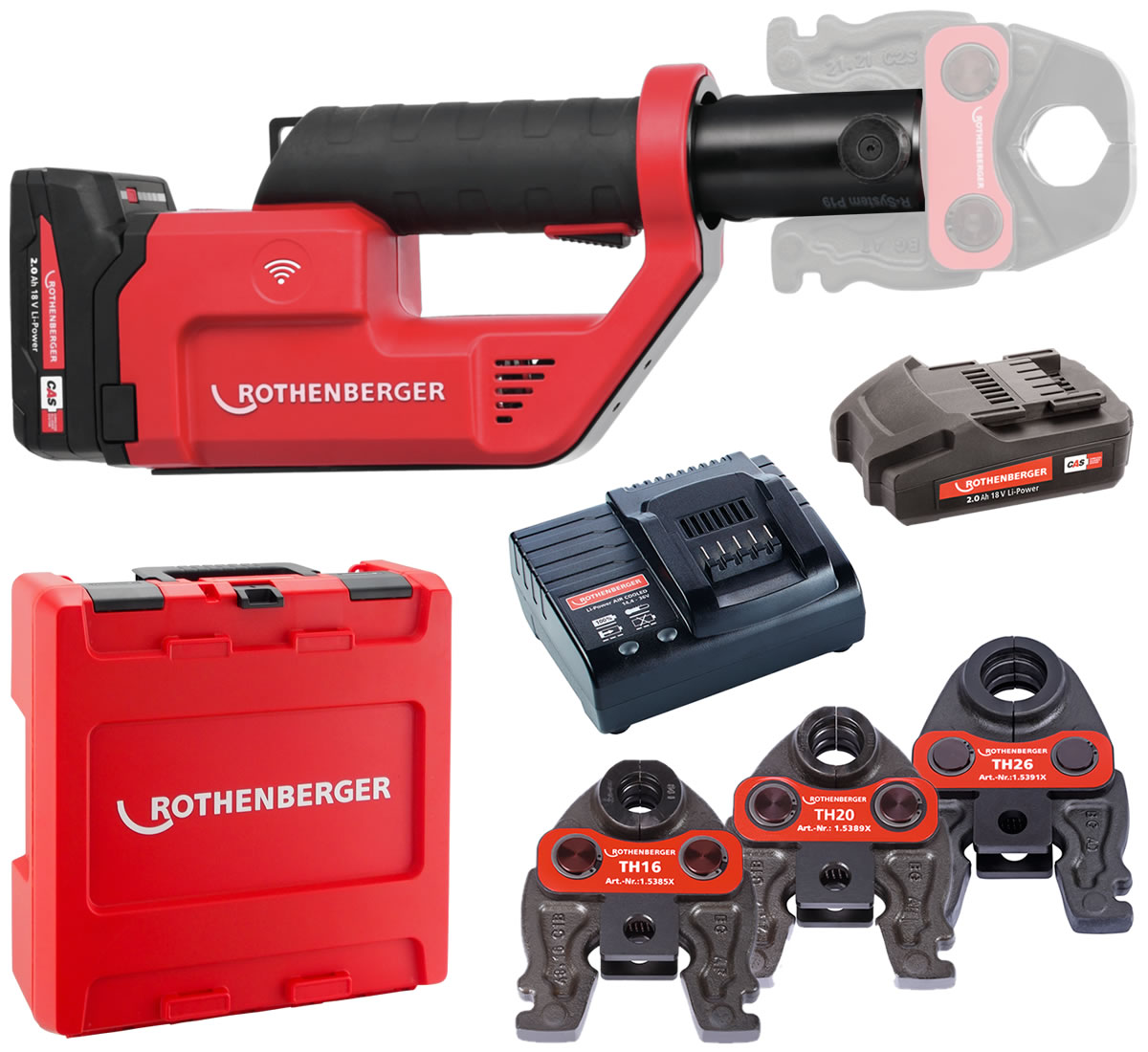 ROTHENBERGER ROMAX Compact 3 inkl. 2 Akkus 2,0 Ah, Schnellladegerät, System-Box und Pressbacken TH 16, 20, 26