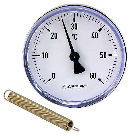 Bild 1 - Bimetall-Anlegethermometer - Ø 63 mm - Anzeige 0 bis 60 °C - mit Montagefeder für Rohre von 3/8'' bis 1 1/2