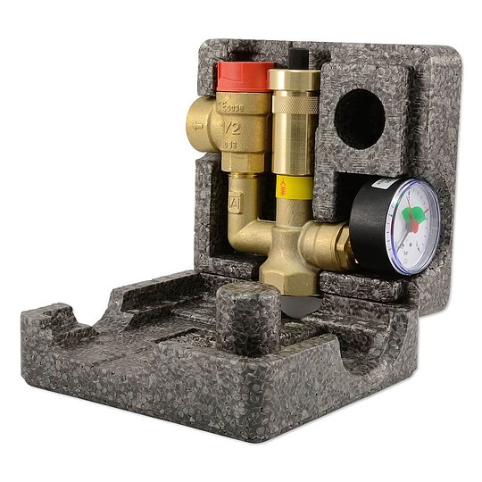 Bild 1 - AFRISO Kessel-Sicherheitsgruppe MINI mit Schnellentlfter, Sicherheitsventil 3 bar und Manometer ( 50 mm)
