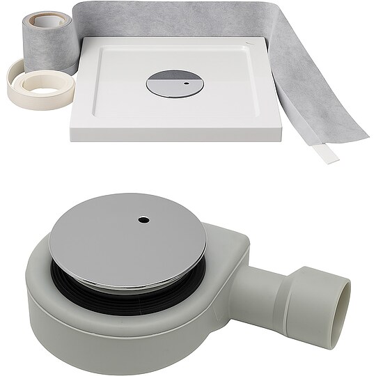 Bild 1 - Combia Duschwannen Abfluss, chromfarbene Abdeckung, mit Dicht- und Schutzband 4m