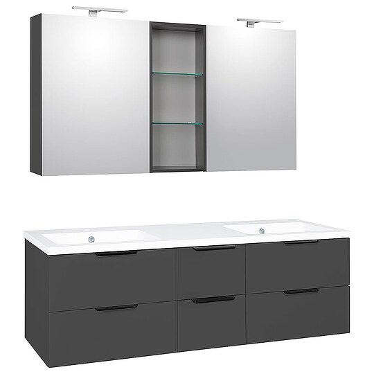 Bild 1 - Badm�bel-Set LOSSA mit LED-Spiegelschrank anthrazit Hochglanz, 6 Ausz�ge, Breite 1550 mm
