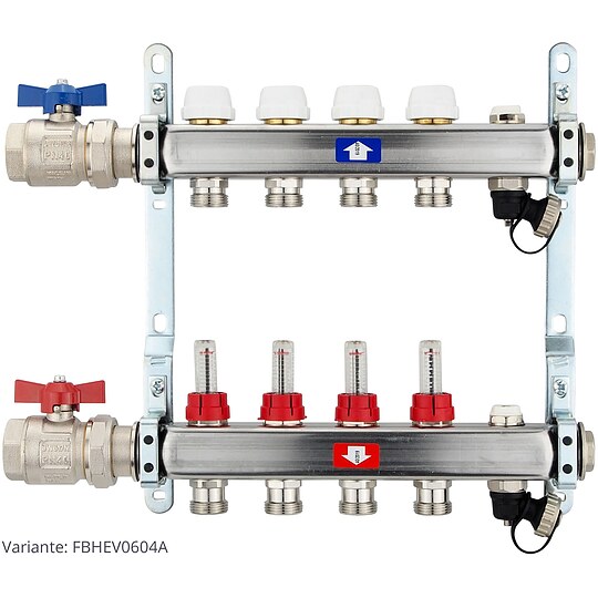 Bild 1 - Fußbodenheizungsverteiler aus Edelstahl mit Topmeter für 4 Heizkreise - mit Anschlussset waagrecht