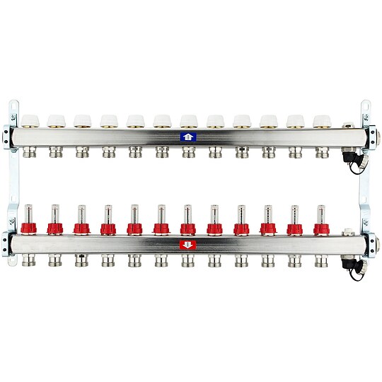 Bild 1 - Fußbodenheizungsverteiler aus Edelstahl mit Topmeter für 12 Heizkreise - ohne Anschlussset