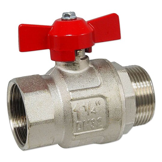 Bild 1 - Kugelhahn 1 1/4'' IG x 1 1/4'' AG - DN 32 - Messing vernickelt - mit Fl�gelgriff rot - voller Durchgang