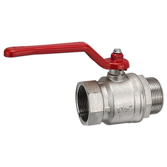 Bild 1 - Kugelhahn 1 1/2'' IG x 1 1/2'' AG - DN 40 - Messing vernickelt - mit Hebelgriff rot