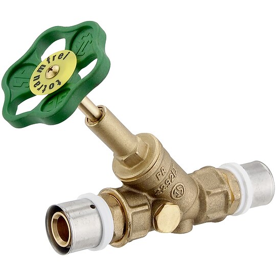 Bild 1 - Press-Schr�gsitzventil 26 x 3,0 mm - Messing blank - DVGW - mit 2 Stopfen 1/4