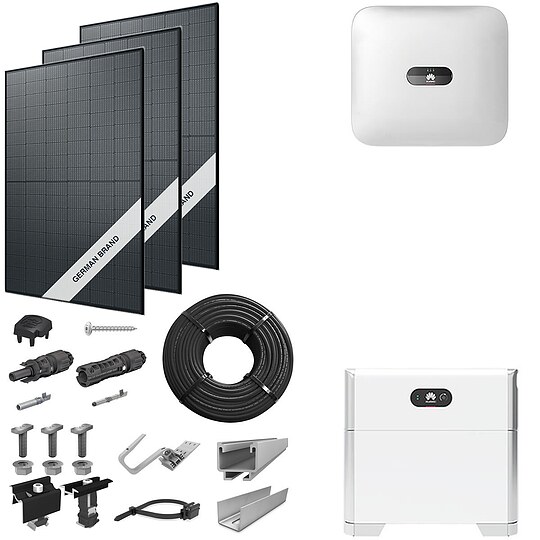 Bild 1 - PV-Komplettanlage 5 kWp mit Huawei Wechselrichter 5 kW + Stromspeicher 5,0 kWh, 12 Solarmodulen Glas-Glas full black & Montagesystem Aufdach
