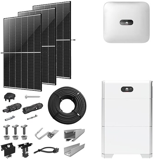 Bild 1 - PV-Komplettanlage 5 kWp mit Huawei Wechselrichter 5 kW + Stromspeicher 10,0 kWh, 12 Solarmodulen Glas-Glas black frame & Montagesystem Aufdach