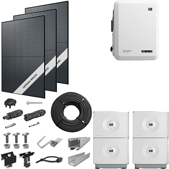 Bild 1 - PV-Komplettanlage 8 kWp mit SMA Wechselrichter 8 kW + Stromspeicher 13,12 kWh, 20 Solarmodulen full black & Montagesystem Aufdach