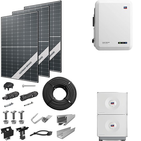 Bild 1 - PV-Komplettanlage 8 kWp mit SMA Wechselrichter 8 kW + Stromspeicher 6,56 kWh, 20 Solarmodulen Glas-Folie black frame & Montagesystem Aufdach
