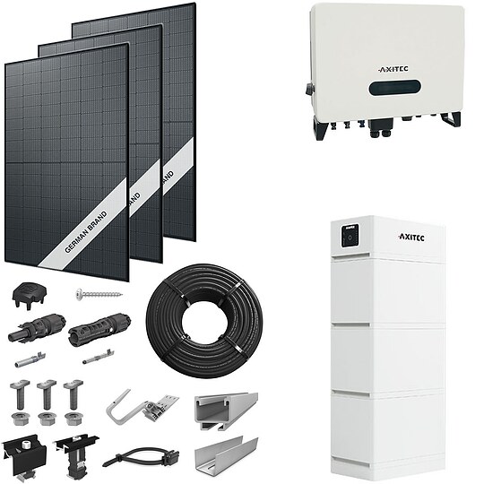 Bild 1 - PV-Komplettanlage 10 kWp mit AXITEC Wechselrichter 10 kW + Stromspeicher 10,1 kWh, 24 Solarmodulen Glas-Glas full black & Montagesystem Aufdach