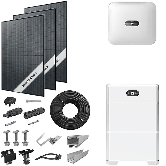 Bild 1 - PV-Komplettanlage 10 kWp mit Huawei Wechselrichter 10 kW + Stromspeicher 10,0 kWh, 24 Solarmodulen Glas-Glas full black & Montagesystem Aufdach